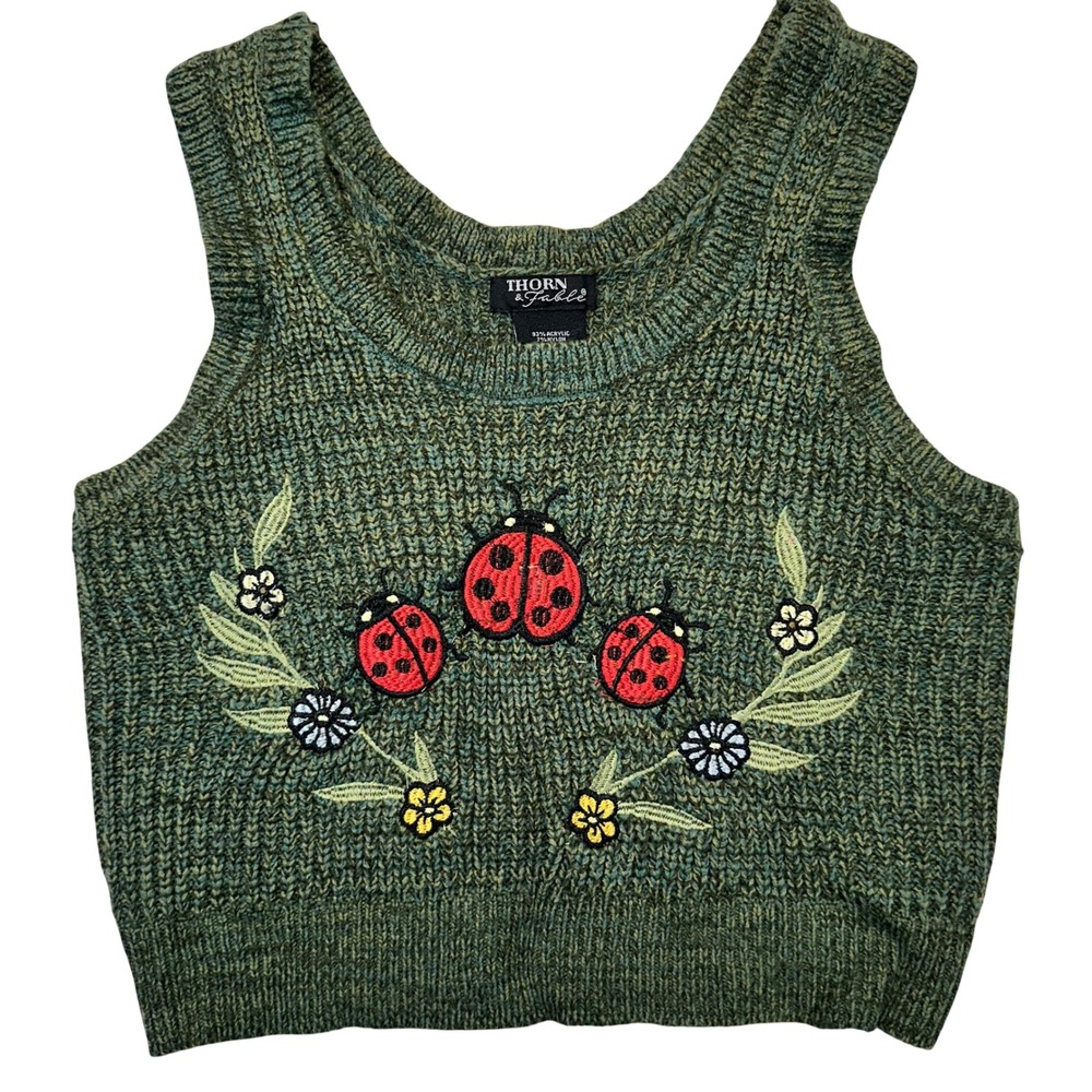 Green Knit Ladybug Crop Sweater Vest
